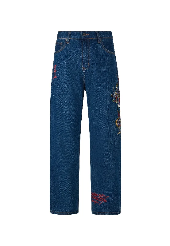 Mens Battle-Dragon Tattoo Denim Trousers Baggy Jeans - Indigo