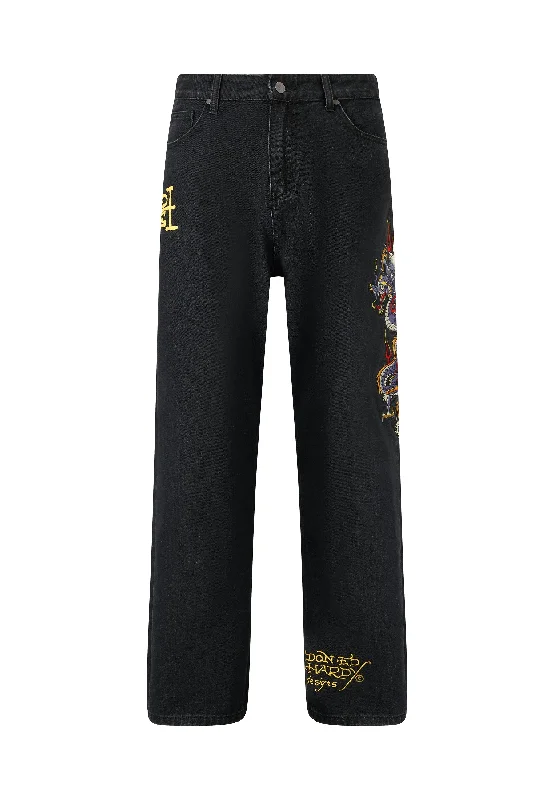 Mens Battle-Dragon Tattoo Denim Trousers Baggy Jeans - Black