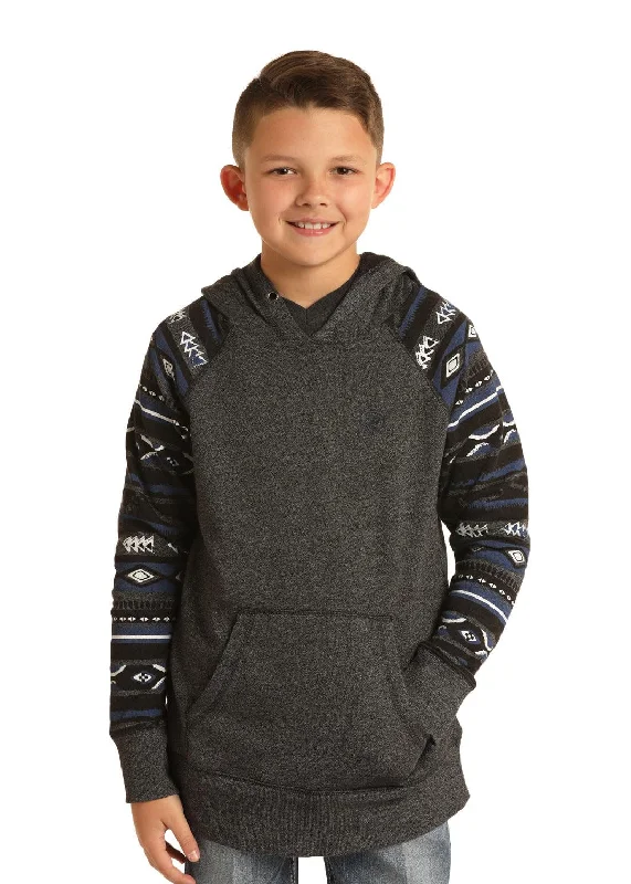 Rock & Roll Denim Boy's Charcoal Grey Hoodie with Aztec Sleeves P4H6339