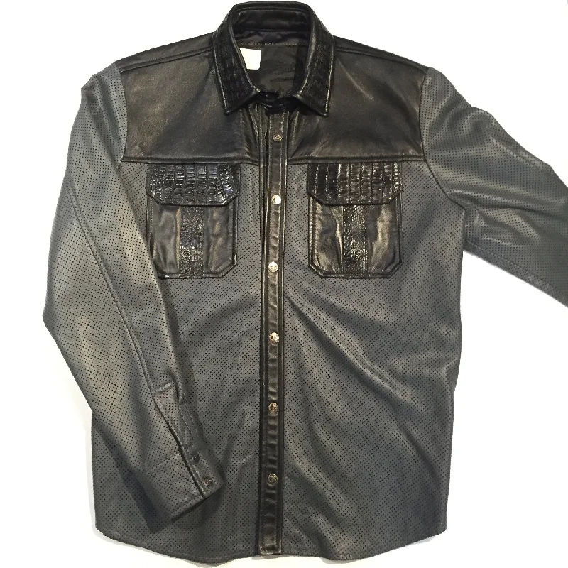 G-Gator Perforated Lambskin Button-Up w/ Crocodile Pockets