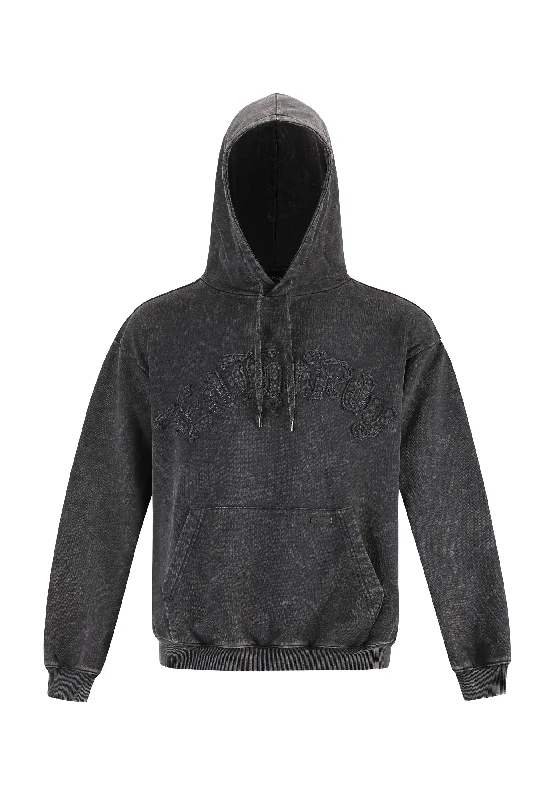 Mens Acid Wash Applique Graphic Pouch Hoodie - Black