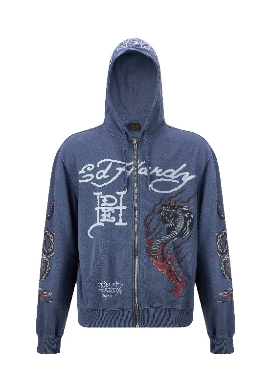 Mens Double Venom Graphic Zip Through Hoodie - Indigo