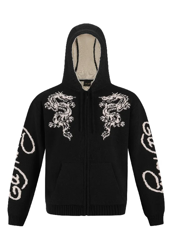 Mens Dragon Zip Thru Knitted Hoodie - Black