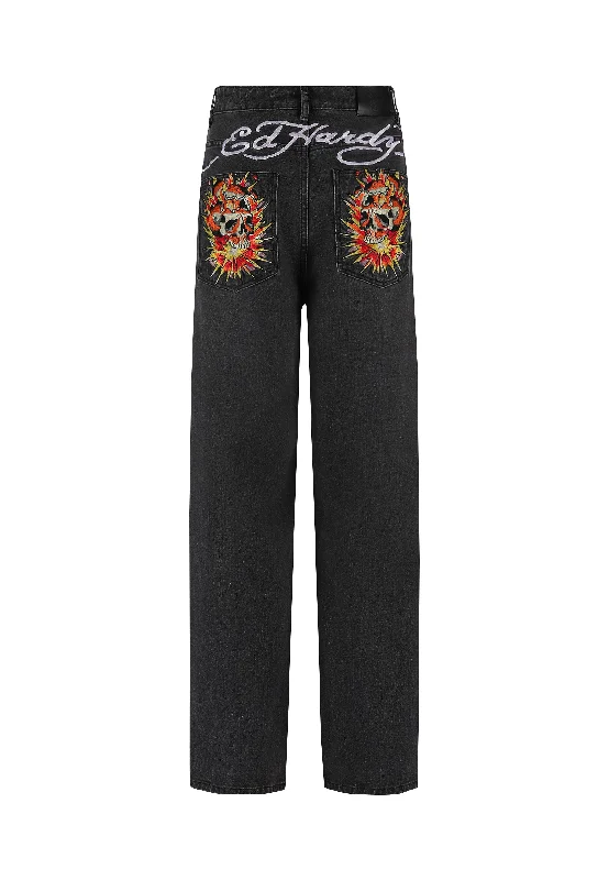 Mens Exploding Skull Xxtra Denim Trousers Jeans - Black