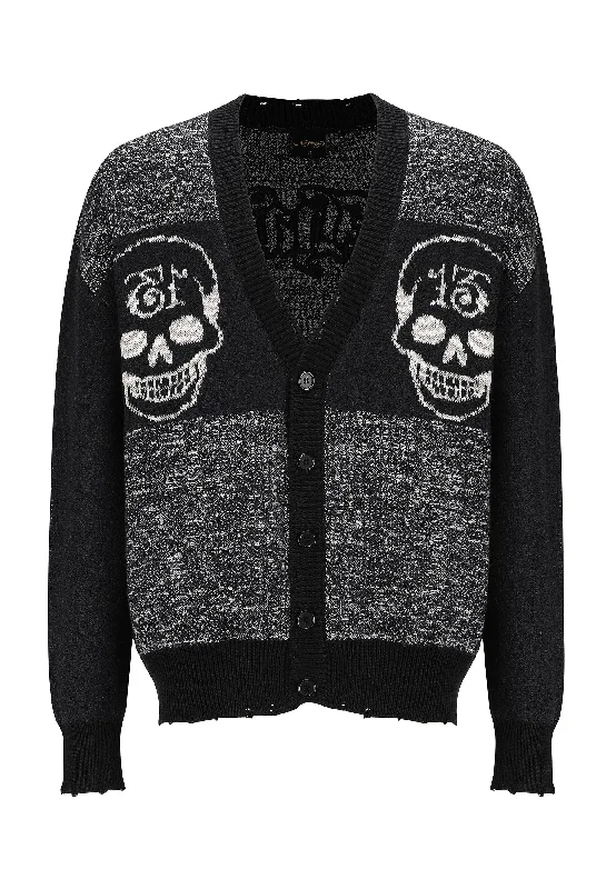 Mens Lucky 13 Skull Jacquard Knitted Cardigan - Beige/Black