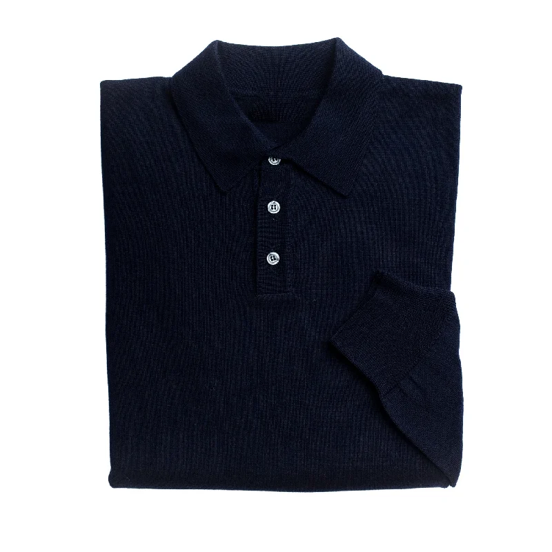 Mens Navy 3 Button 100% Merino Wool Polo Jumper