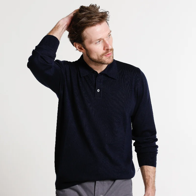 Mens Navy 3 Button 100% Merino Wool Polo Jumper