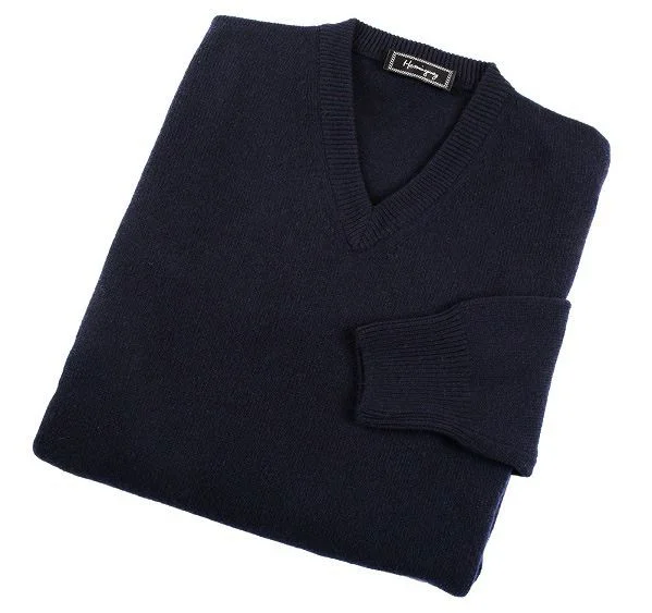 Mens Navy Lambswool V Neck Jumper