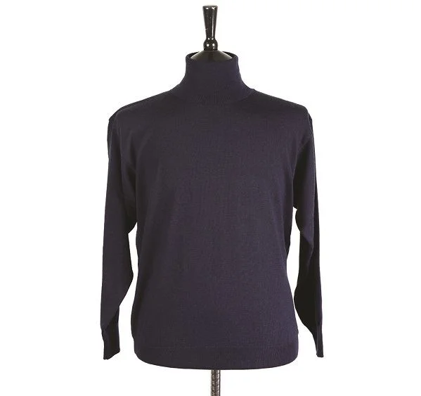 Mens Navy Merino Wool Roll Neck Jumper