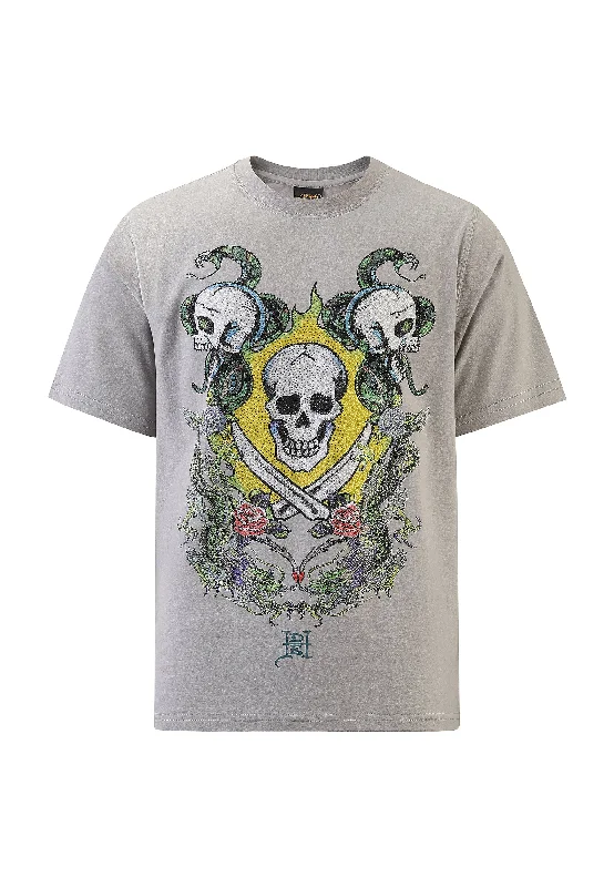 Mens Skull And Drag Battle Diamante Tshirt - Grey