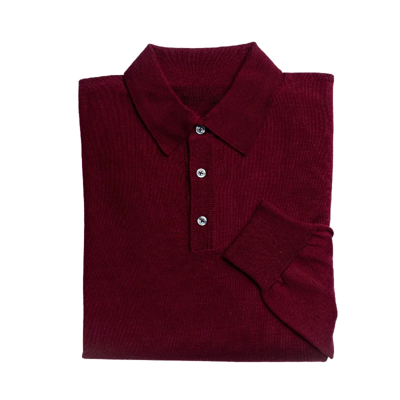 Mens Wine 3 Button 100% Merino Wool Polo Jumper