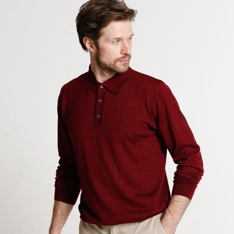 Mens Wine 3 Button 100% Merino Wool Polo Jumper