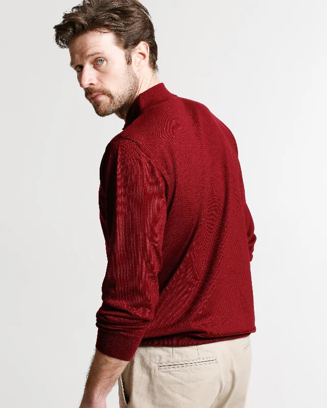 Mens Wine 3 Button 100% Merino Wool Polo Jumper