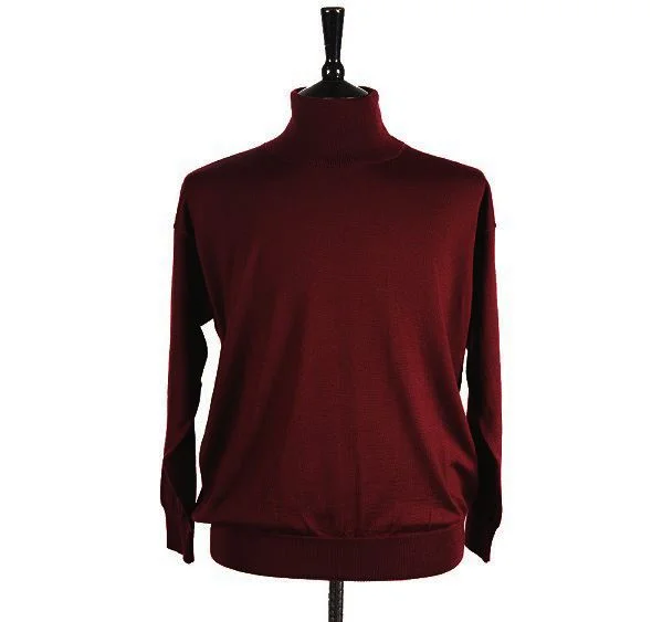 Mens Wine Red Merino Wool Roll Neck Jumper