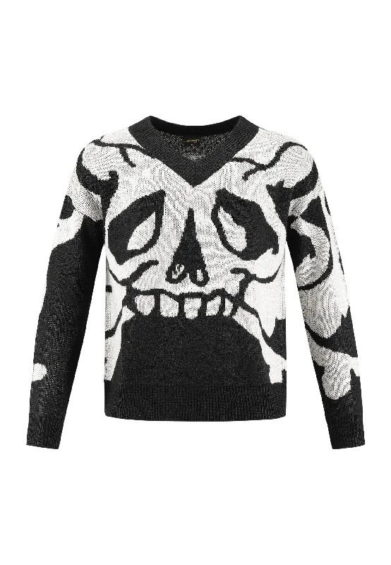 Mens Xl Skull V Neck Jaquard Knitted Jumper - Black/White