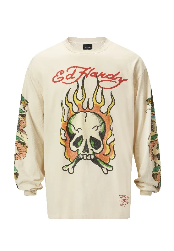 Mens Skull-Flame Long Sleeve T-Shirt - Ecru