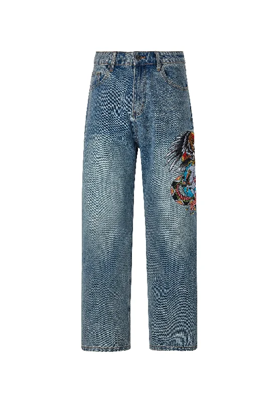 Mens Skull-Snake-Eagle Tattoo Graphic Denim Trousers Baggy Jeans - Bleach