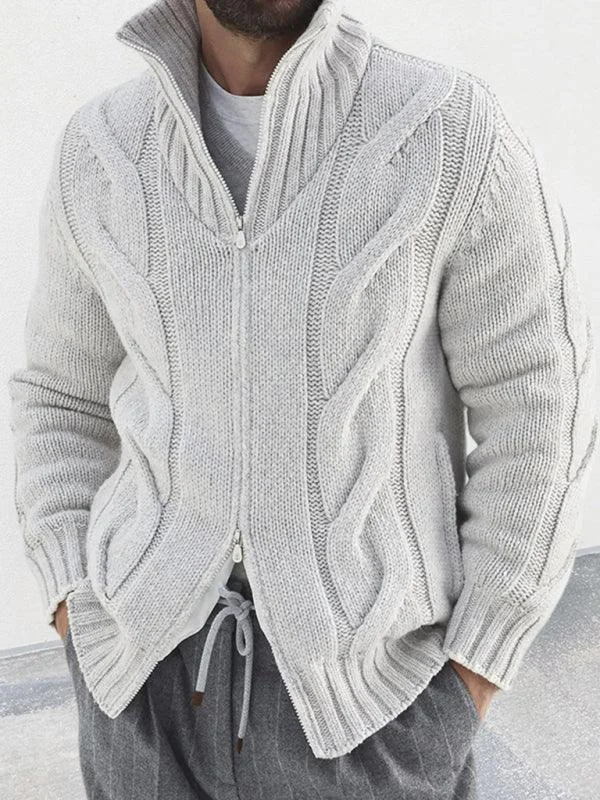 Cable Zipper Men Cardigan Turtleneck Sweater