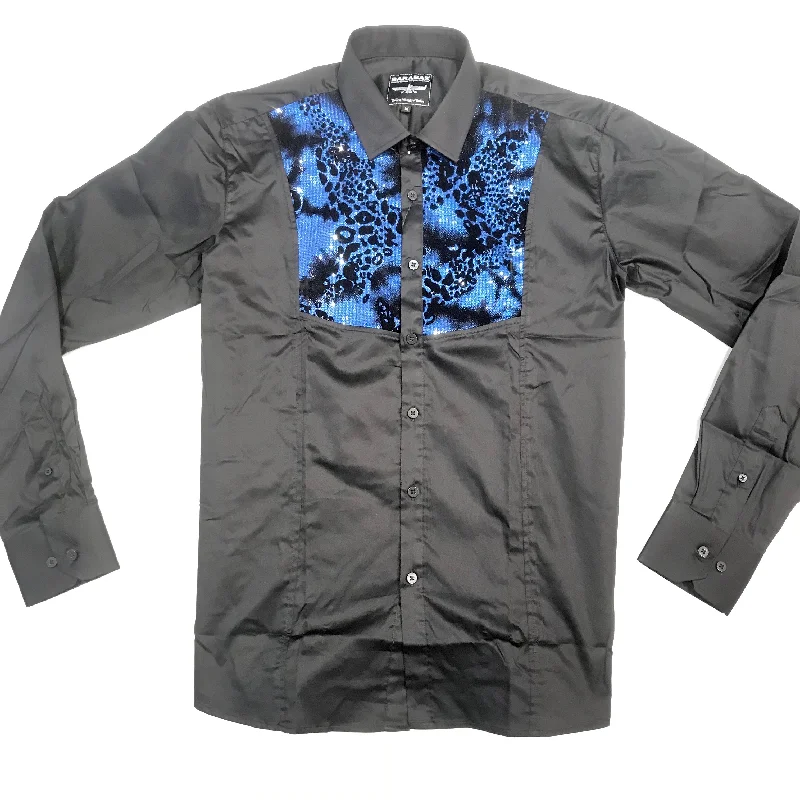 Barabas Sea Blue Sequin Tuxedo Button Up Shirt