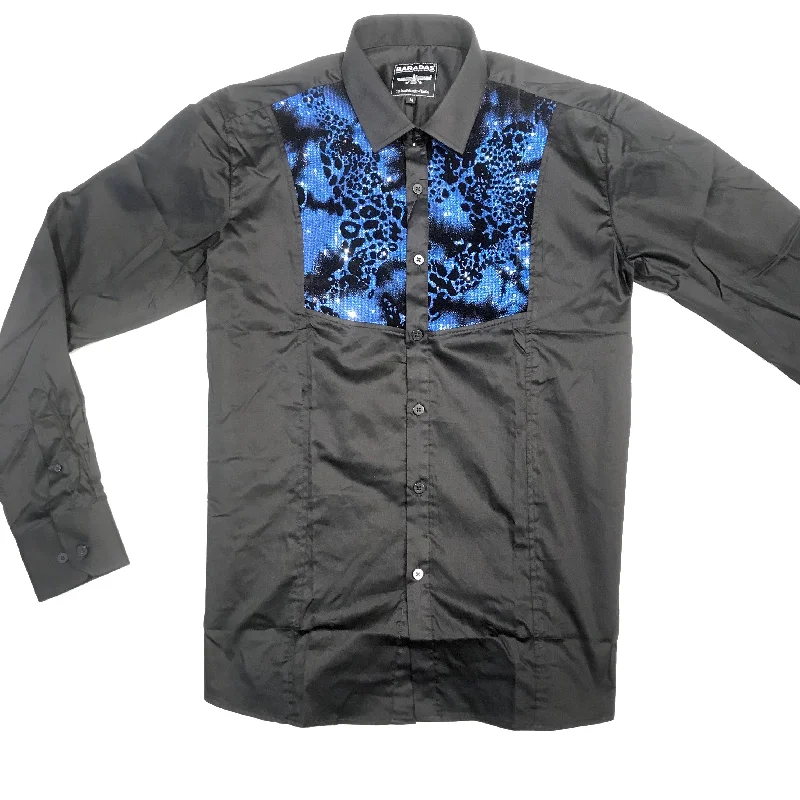 Barabas Sea Blue Sequin Tuxedo Button Up Shirt