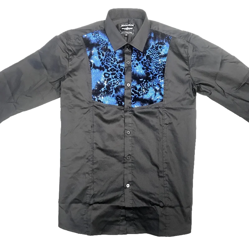 Barabas Sea Blue Sequin Tuxedo Button Up Shirt