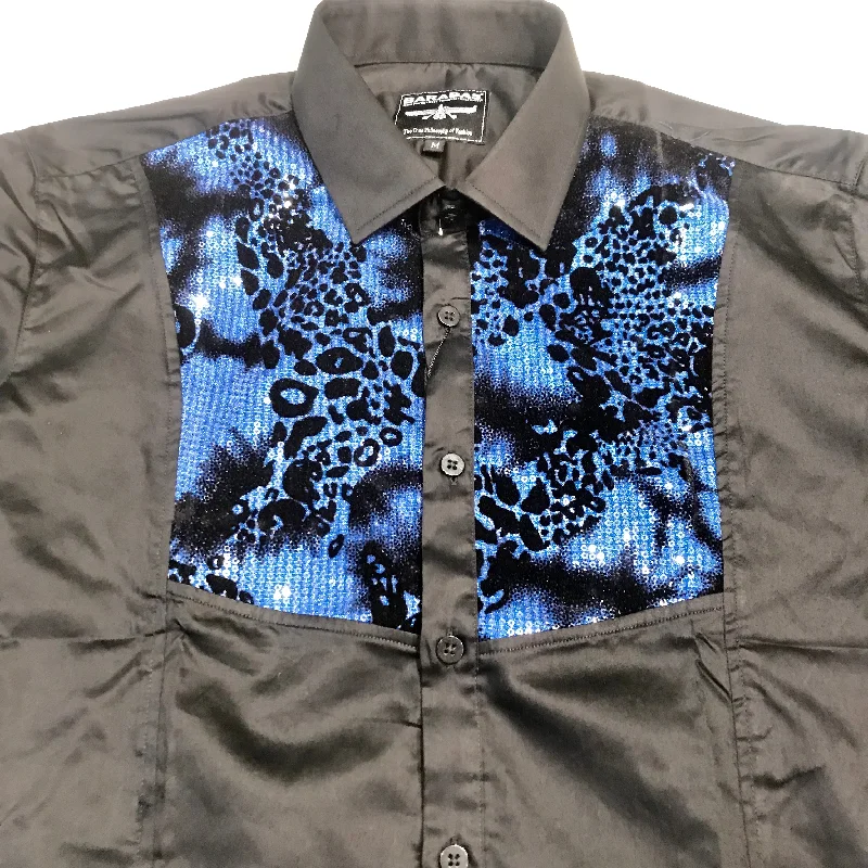 Barabas Sea Blue Sequin Tuxedo Button Up Shirt