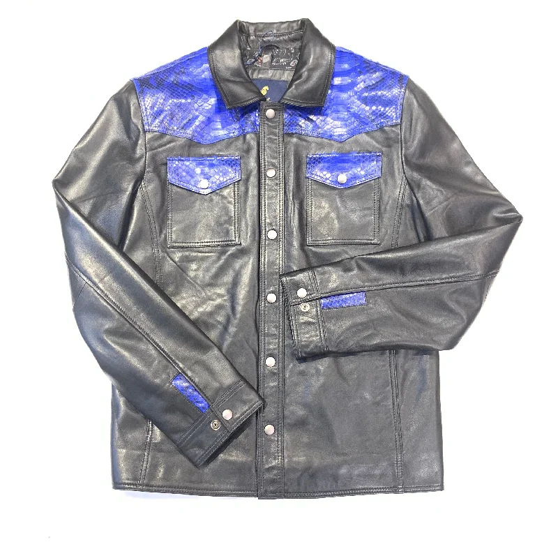 Barya NewYork Blue/Black Python Snakeskin Button-Up Shirt