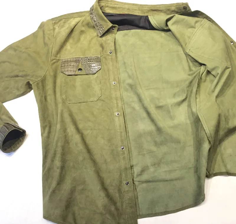 G-Gator Forest Green Suede Alligator Button Up Shirt