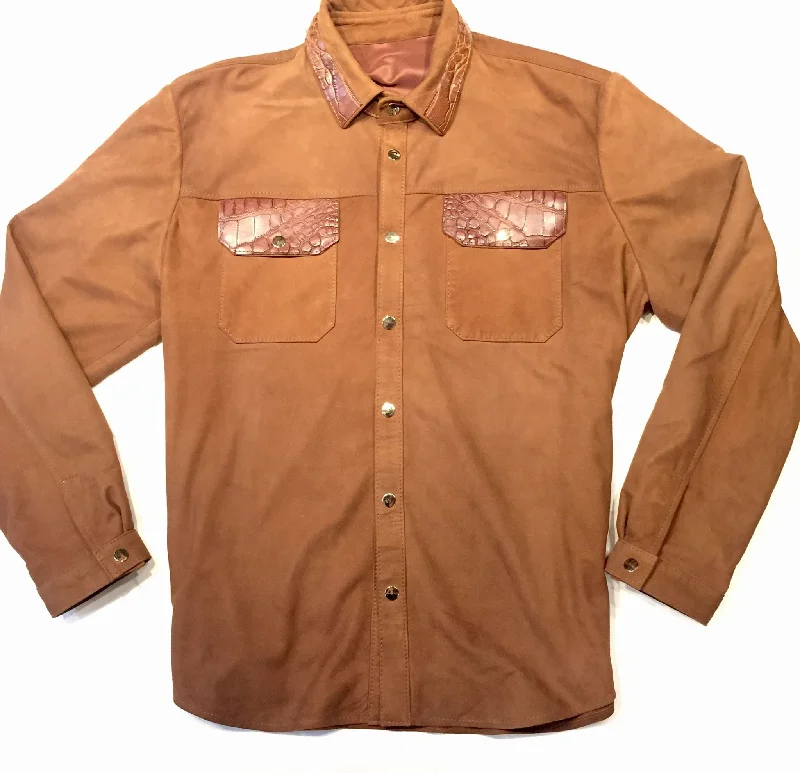 Kashani Brown Suede Alligator Button Up Shirt