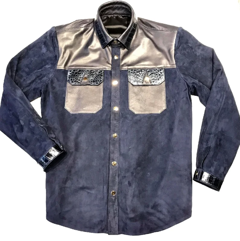 Kashani Deep Navy Crocodile Suede Button Up Shirt