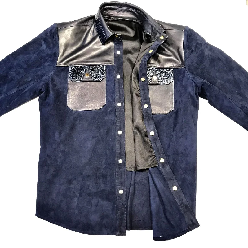 Kashani Deep Navy Crocodile Suede Button Up Shirt