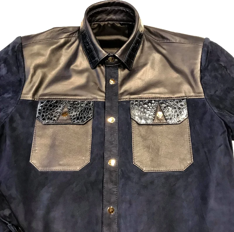 Kashani Deep Navy Crocodile Suede Button Up Shirt