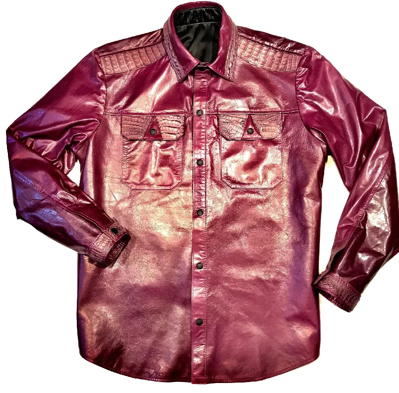 Kashani Wine Waxed Crocodile Lambskin Button Up Shirt