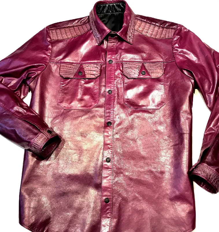 Kashani Wine Waxed Crocodile Lambskin Button Up Shirt