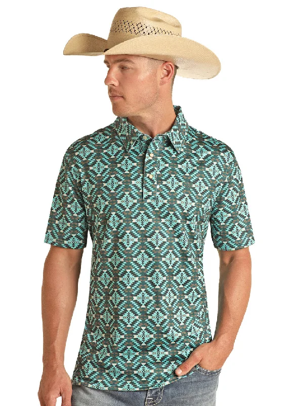 Men's Aztec Print Polo by Panhandle ~ Turquoise