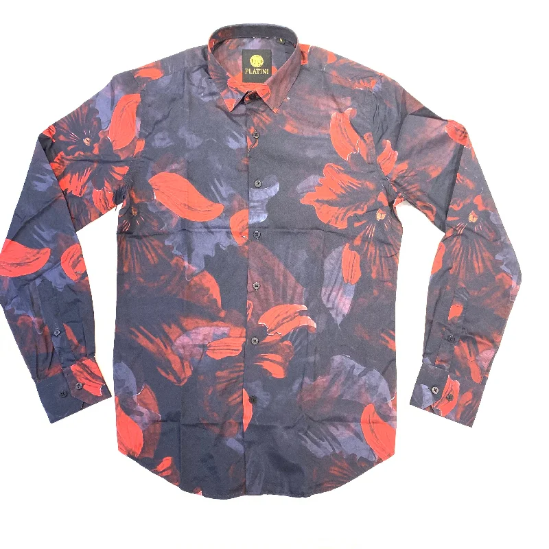 Platini Men's Satin Floral Button Up Shirt