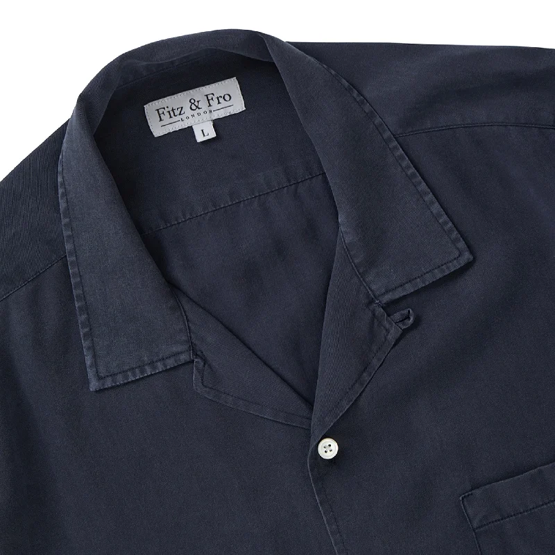 Tencel Cuban Collar Shirt - Navy Blue