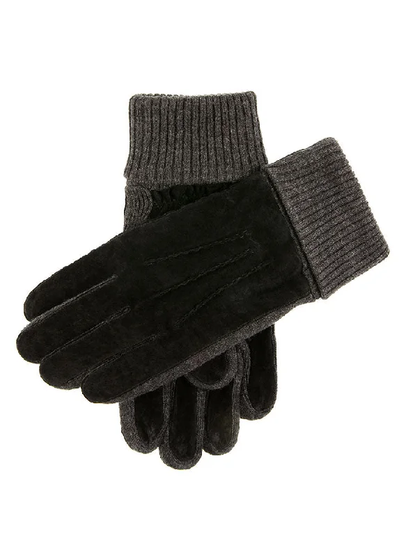 Men's Three-Point Fleece-Lined Suede Gloves with Knitted Cuffs