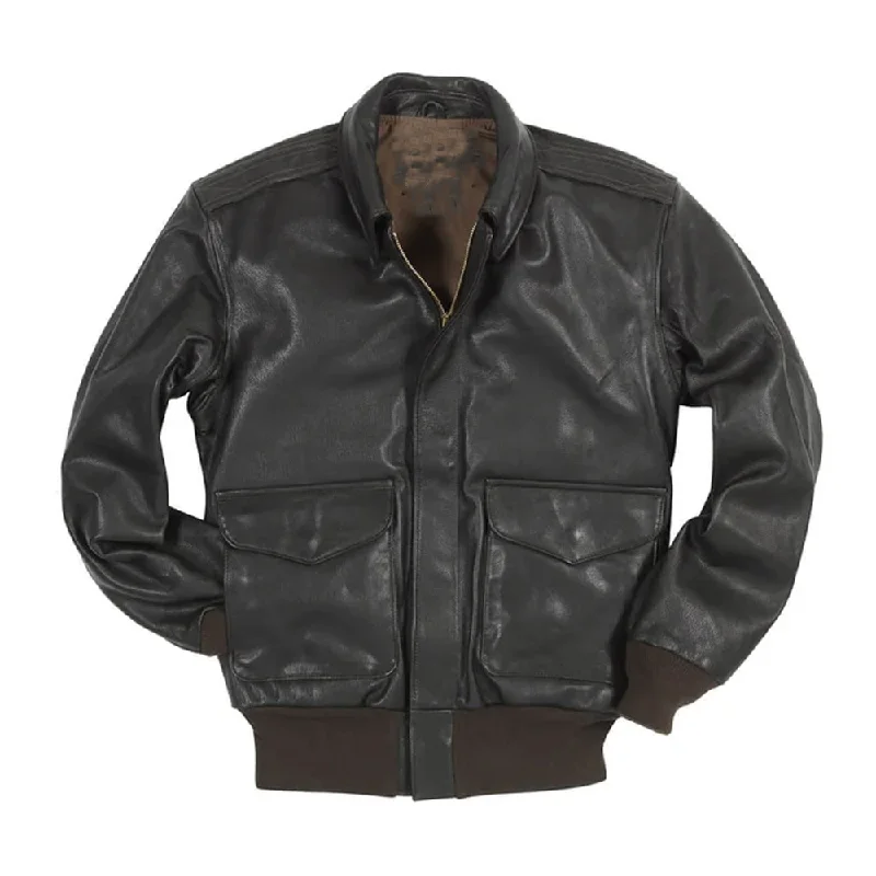 Men Military Spec Goatskin Black Leather Bomber Jacket