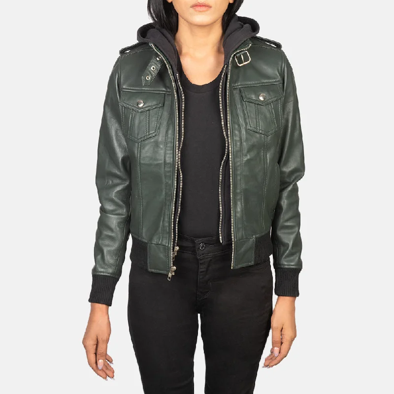 New Women Flight  Green Hooded Leather Bomber Jacket