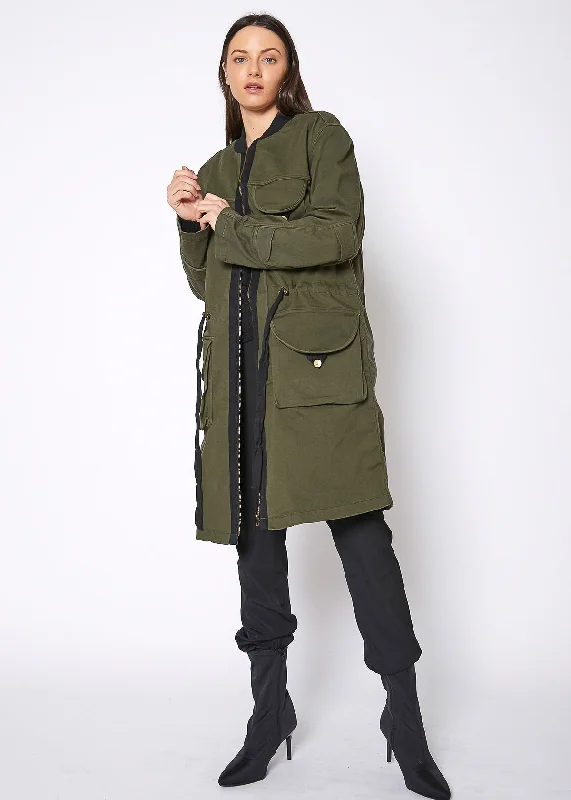 Women's Zip Up Long Utility Jacket In Olive