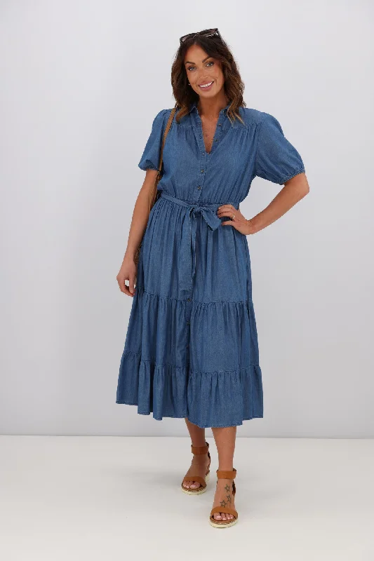 Shine On Label Evette Chambray  Tiered Dress Blue