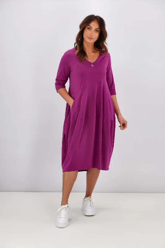 Tirelli V Neck Diagonal Seam Dress Fuchsia