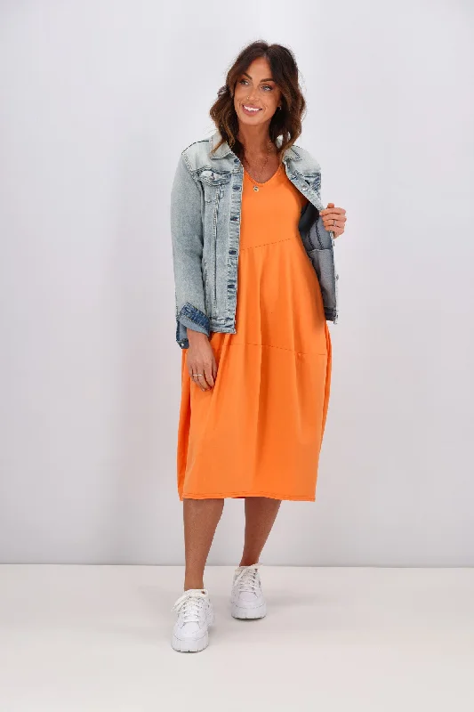 Tirelli V Neck Diagonal Seam Dress Melon Orange