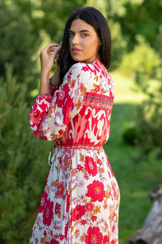 Camella Red Flowers White Dress