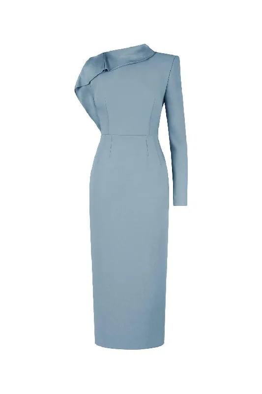 Freda Sheath Asymmetric Sleeved Crepe Calf Length Dress