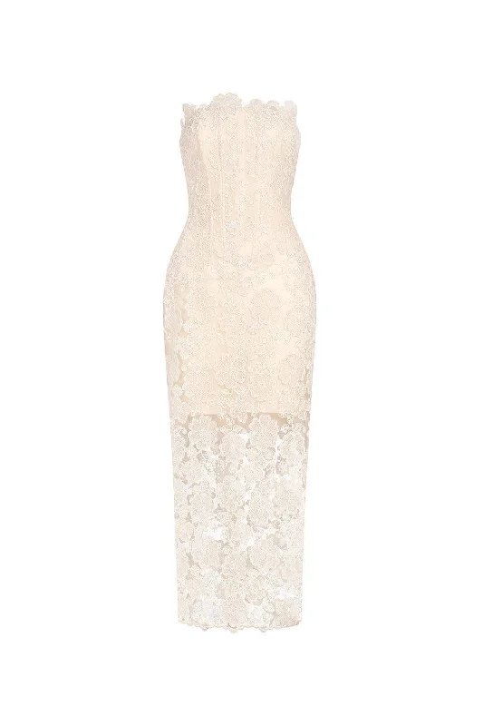 Keira Strapless Corset Waist Lace Midi Dress