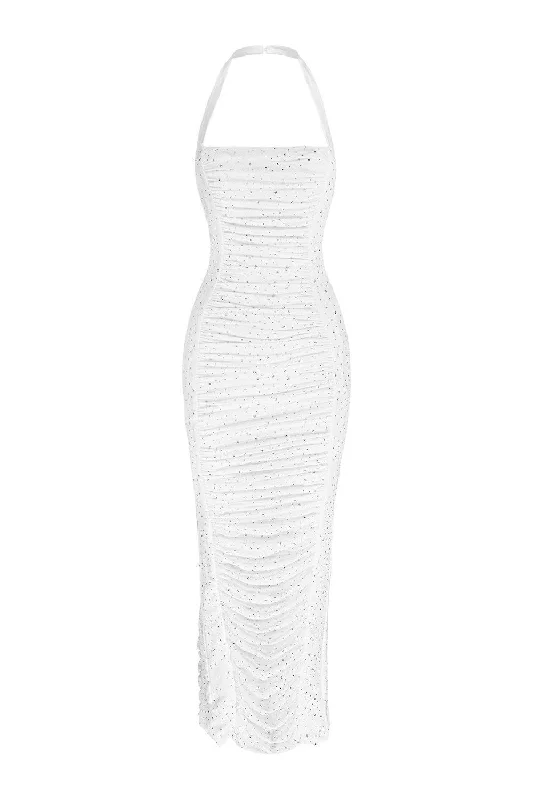 Kylie Gathered Halter Neck Mesh Spandex Midi Dress