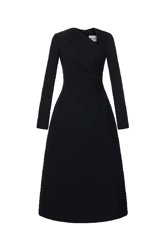 Lopsided A-line Long Sleeved Crinkle Crepe Midi Dress