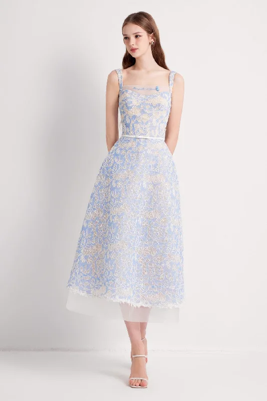 Xavia A-line Square Neck Embroidered Lace Midi Dress